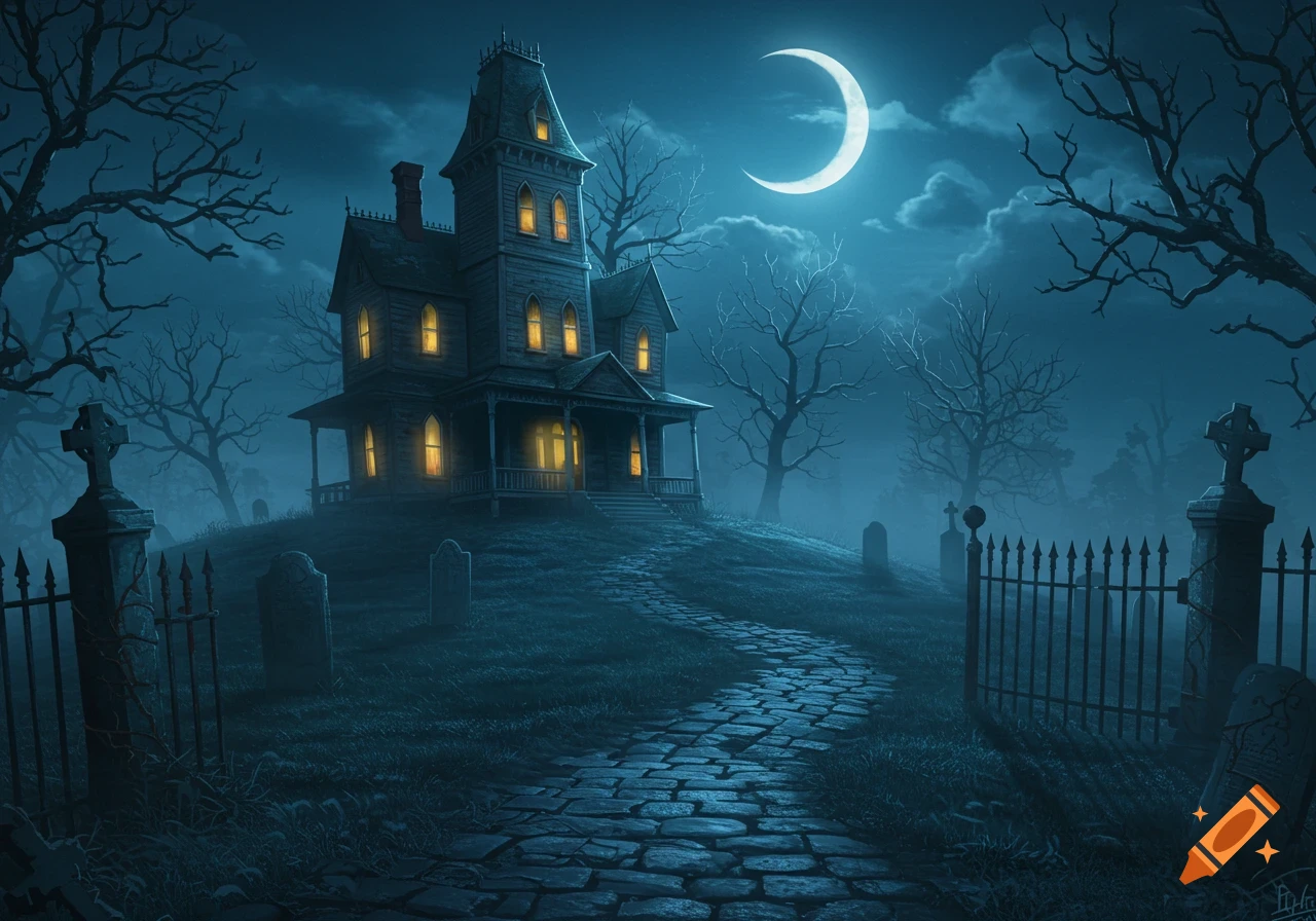 A spooky haunted house on a hill, surrounded by bare trees and a graveyard, under a bright crescent moon in a dark blue night sky.