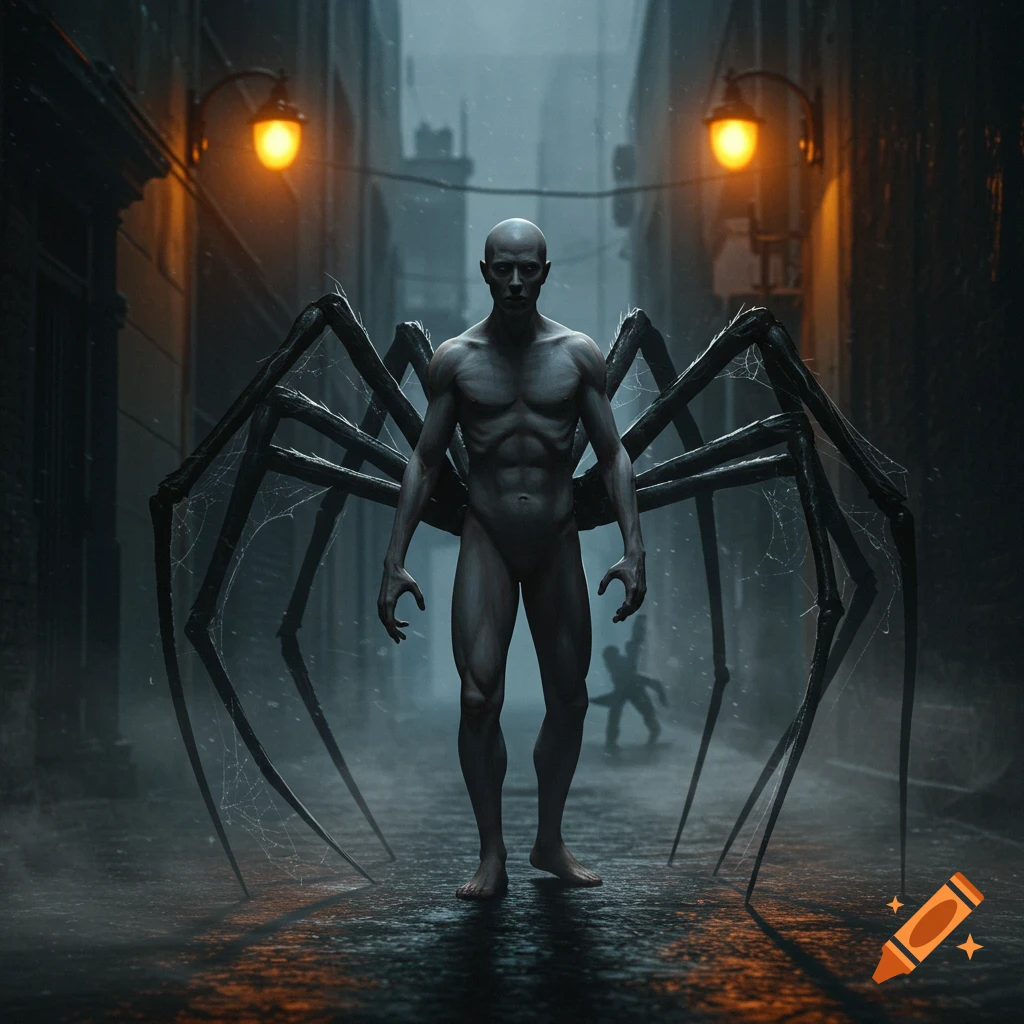 A bald, pale, naked man with large spider legs stands in a dark, wet alley under glowing streetlights. Photorealistic.