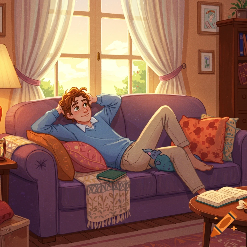 A smiling man with curly brown hair relaxes on a purple couch in a cozy, sunlit living room, in a Disney-like cartoon style.