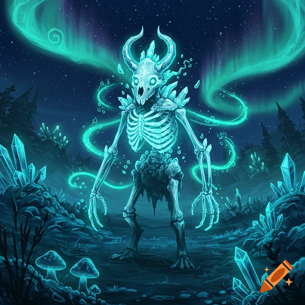 A glowing horned skeletal monster stands in a dark fantasy forest with blue crystals, mushrooms, and a green aurora.