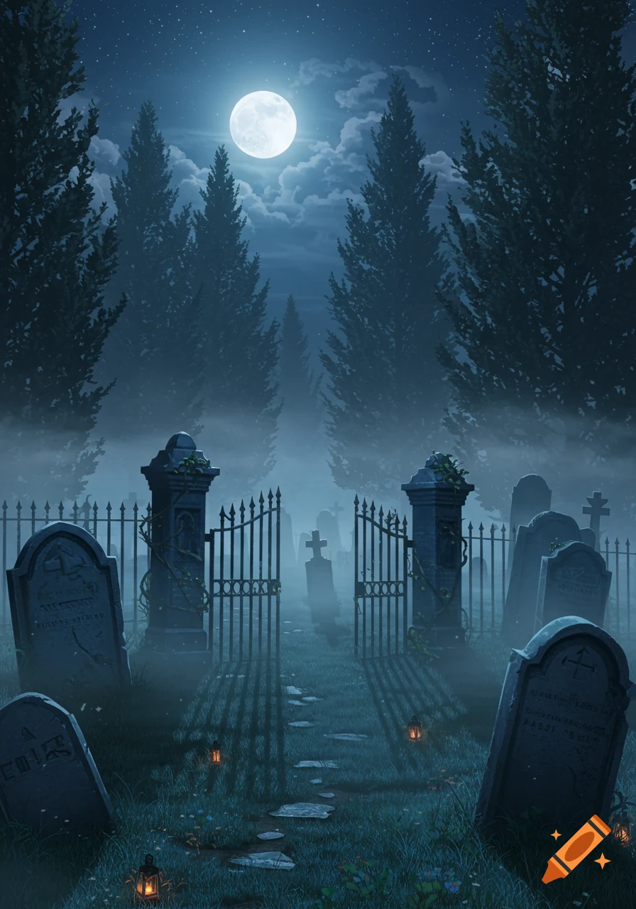 A dark, misty graveyard at night, illuminated by a full moon and small lanterns, with tall cypress trees and wrought iron gates.