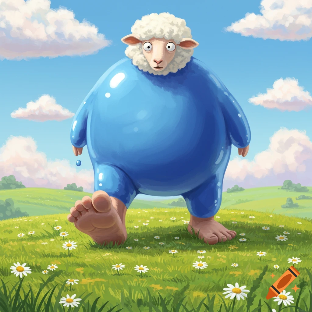A surreal, cartoonish blue blob creature with a sheep's head and large human feet walks through a green field of daisies under a blue sky.