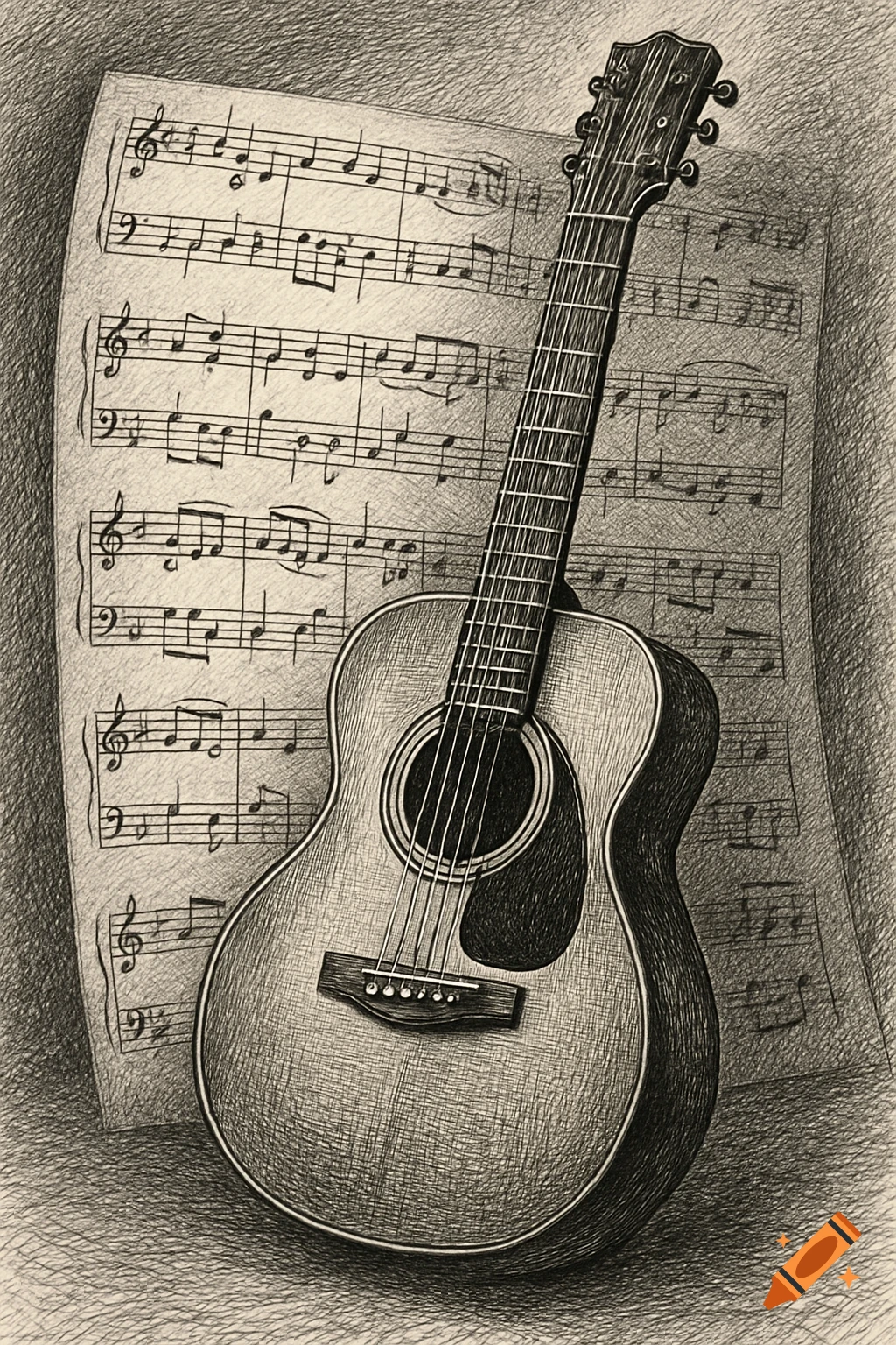 A detailed black and white pen and ink drawing of an acoustic guitar leaning against a sheet of illegible musical notation.