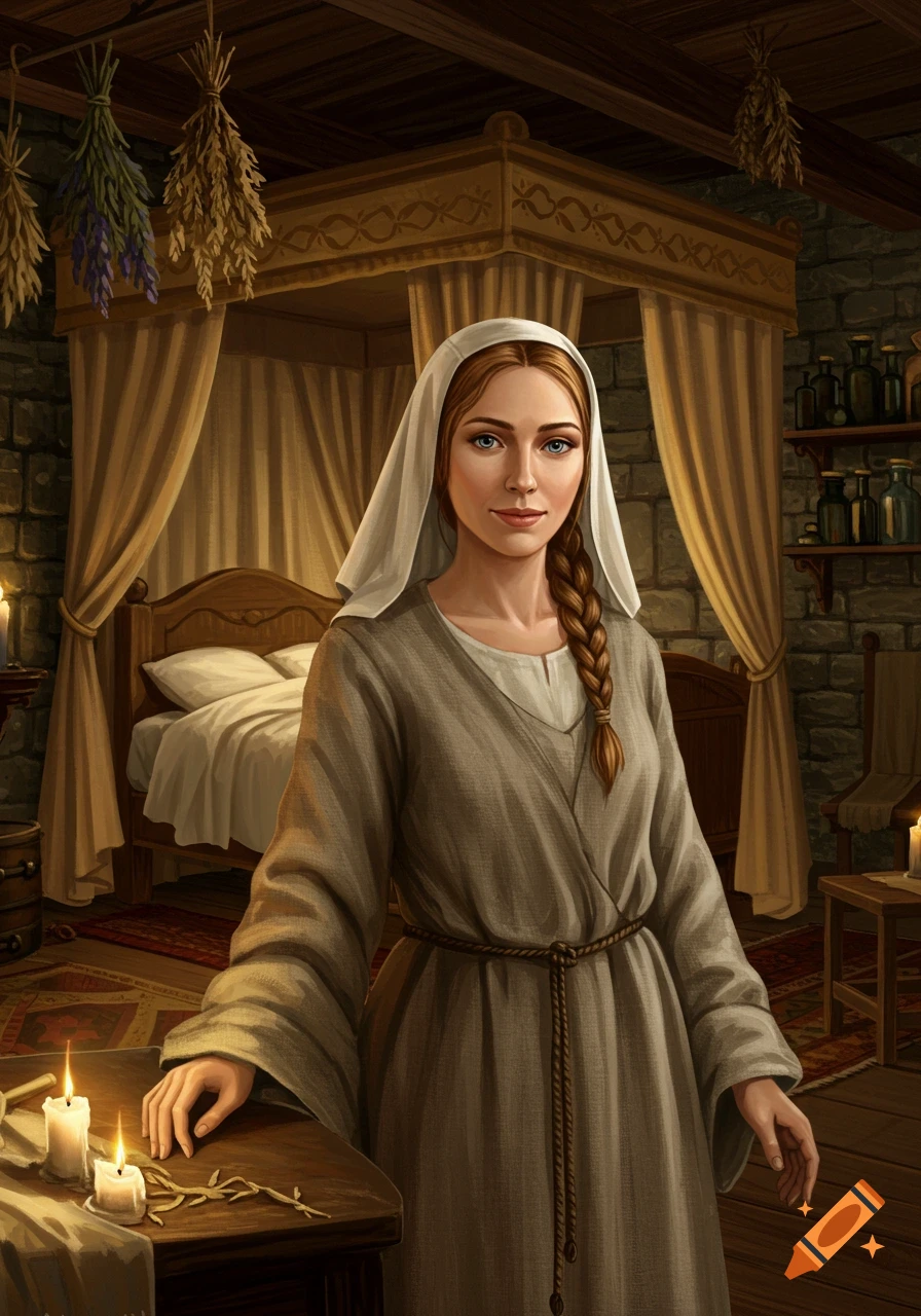 A medieval woman in a long linen dress and veil stands in a candlelit room with a canopy bed and dried herbs.