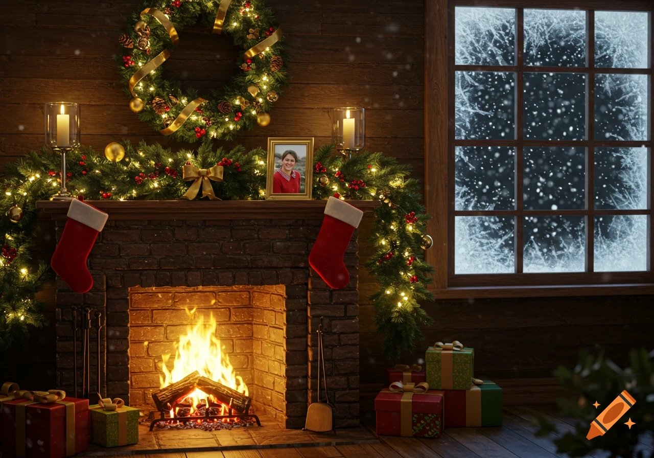 A cozy Christmas scene with a lit fireplace, decorated mantel, a wreath, stockings, gifts, and a snowy window.