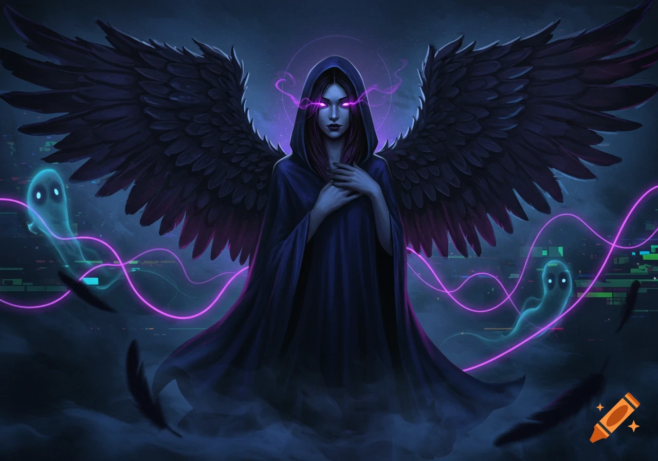 A dark angel with black wings and a hooded cloak, glowing purple eyes, surrounded by ethereal spirits and neon lines in a dark digital art style.