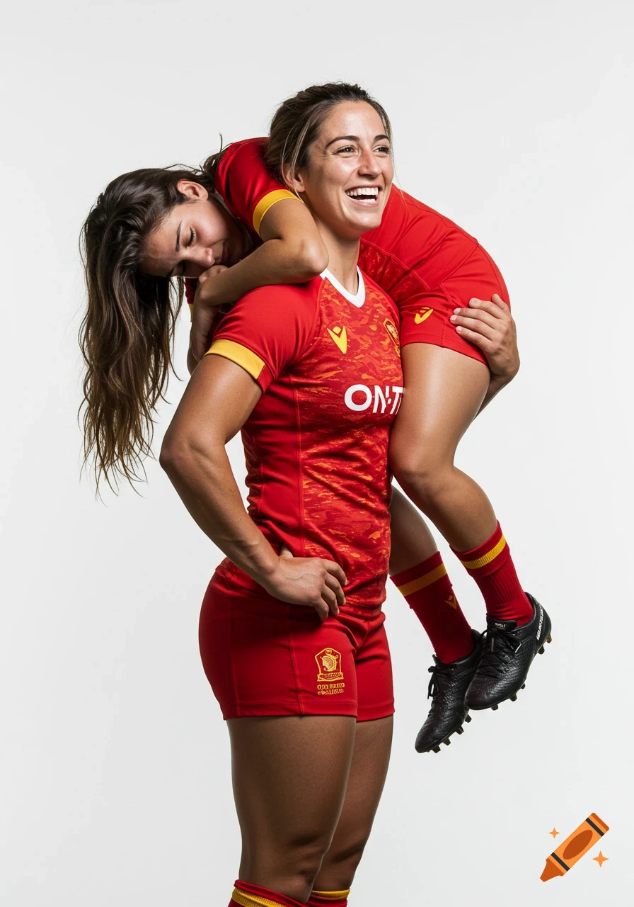 Two smiling Spanish women rugby players in red uniforms, one carrying the other on her shoulders, in a photorealistic studio shot on a white background.