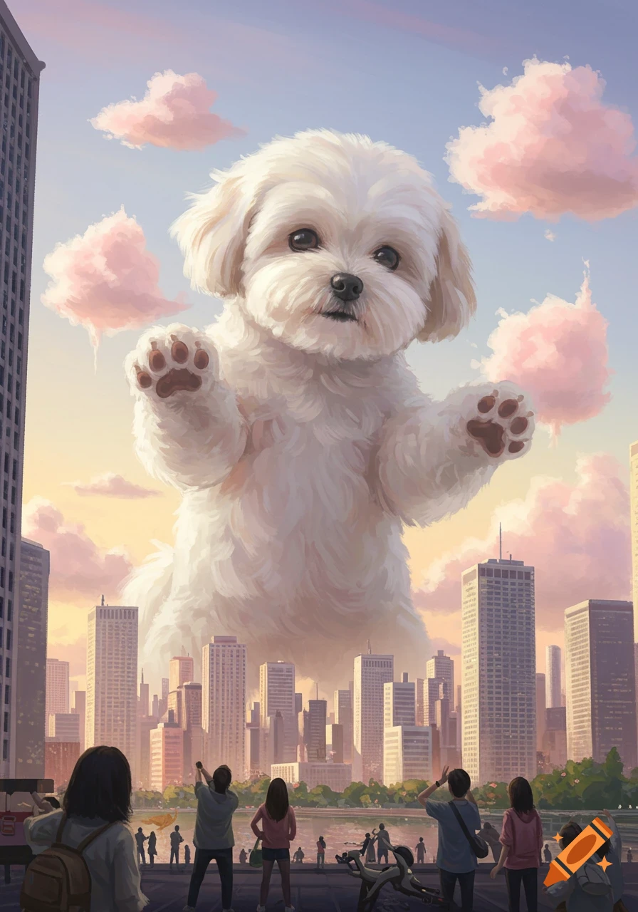 A giant fluffy white dog stands over a city skyline at sunset, with people looking up in an illustrated style.