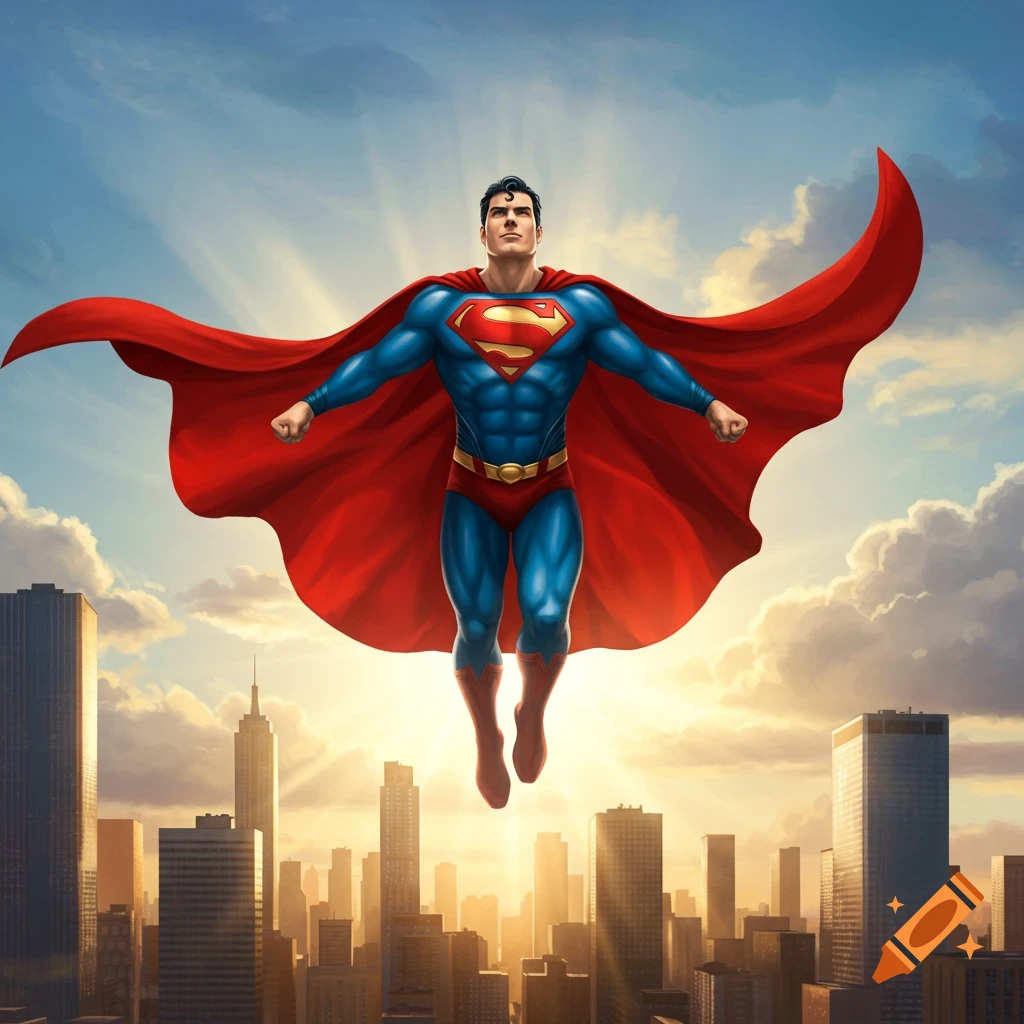 Superman flies high above a bustling city skyline at sunset in a dynamic, illustrative style.