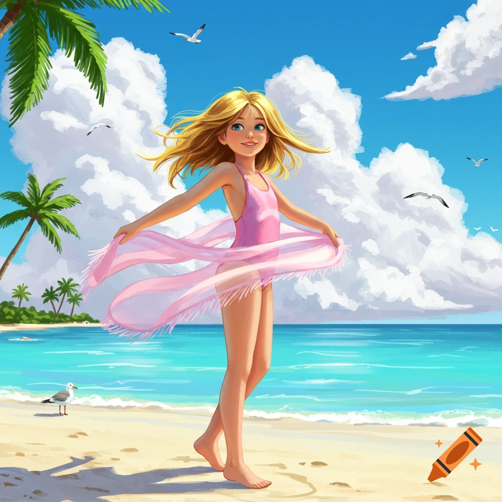 Cartoon illustration of a blonde girl in a pink swimsuit on a sunny beach, holding a pink wrap, with palm trees and seagulls.