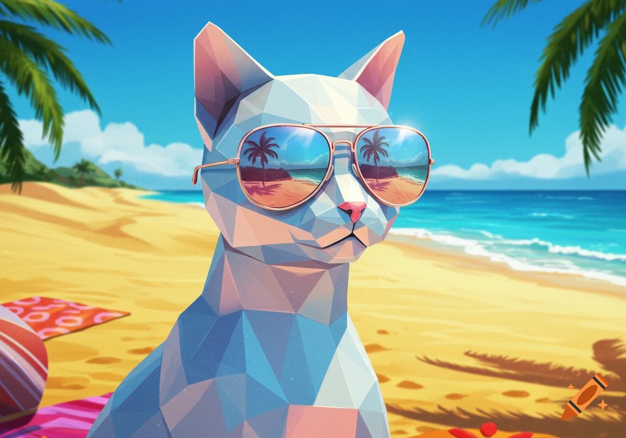 A stylized geometric cat wearing aviator sunglasses on a sunny beach with palm trees reflecting in the lenses.