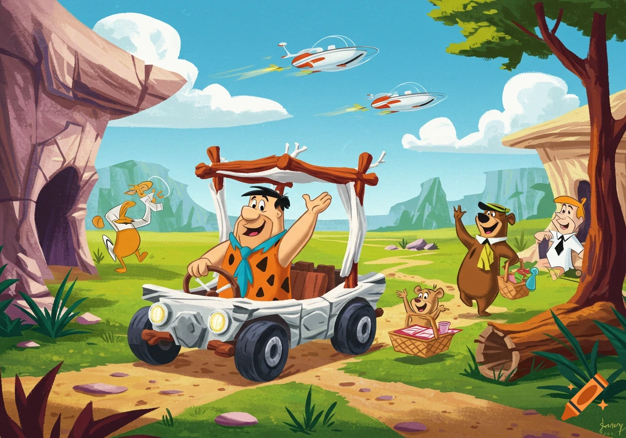 Fred Flintstone drives his car through a vibrant cartoon landscape with Yogi Bear, Boo Boo, and Elroy Jetson. Two flying cars soar overhead.