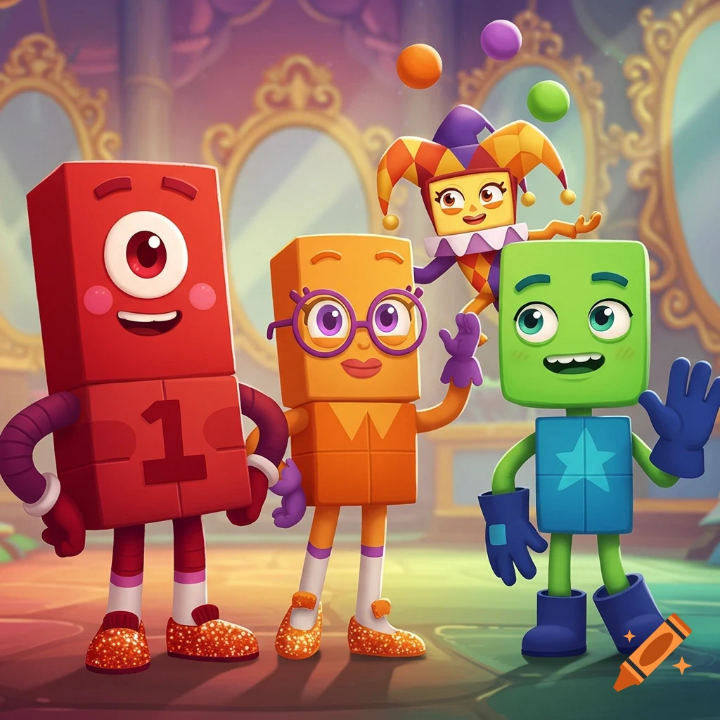 Colorful block characters, including a red number one, an orange two with glasses, a green four, and a yellow jester three, stand in a grand room with golden mirrors.