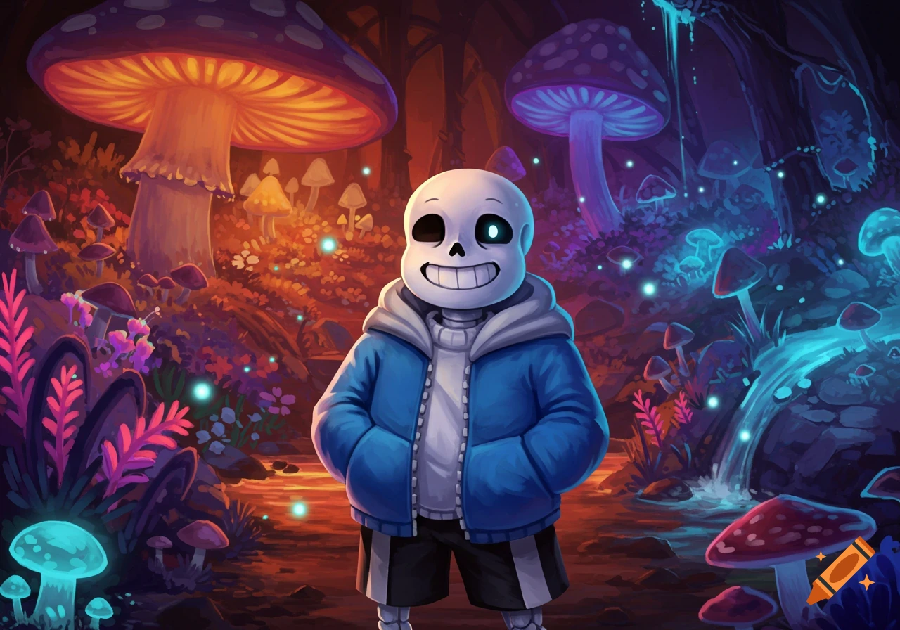 Sans Undertale smiling in a vibrant fantasy forest with glowing, colorful mushrooms and plants.