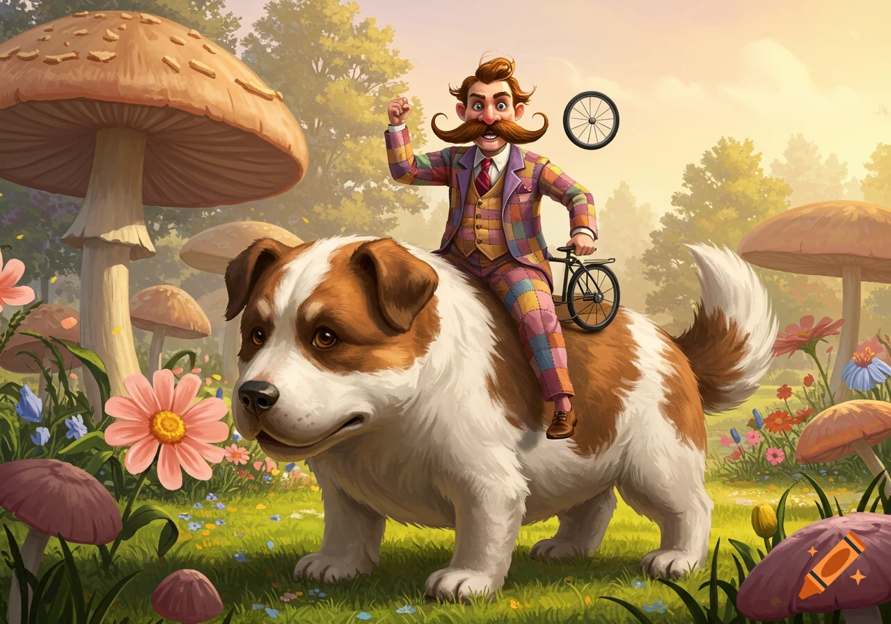 A whimsical illustration of a mustachioed man on a large dog in a colorful mushroom forest, holding a tiny bike with a floating wheel.