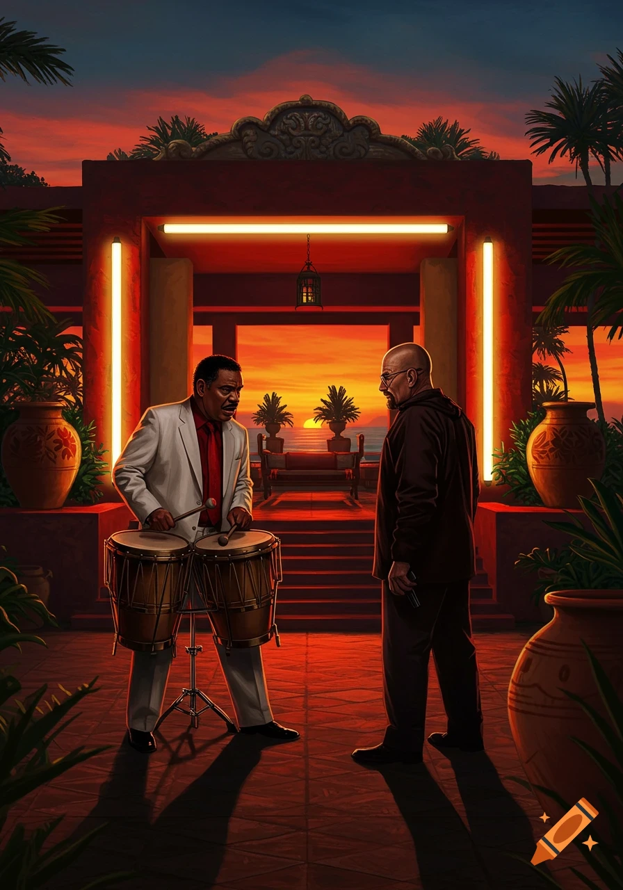 Stylized illustration of Tito Puente playing conga drums while Walter White (Don Eladio) watches in a tropical resort at sunset.