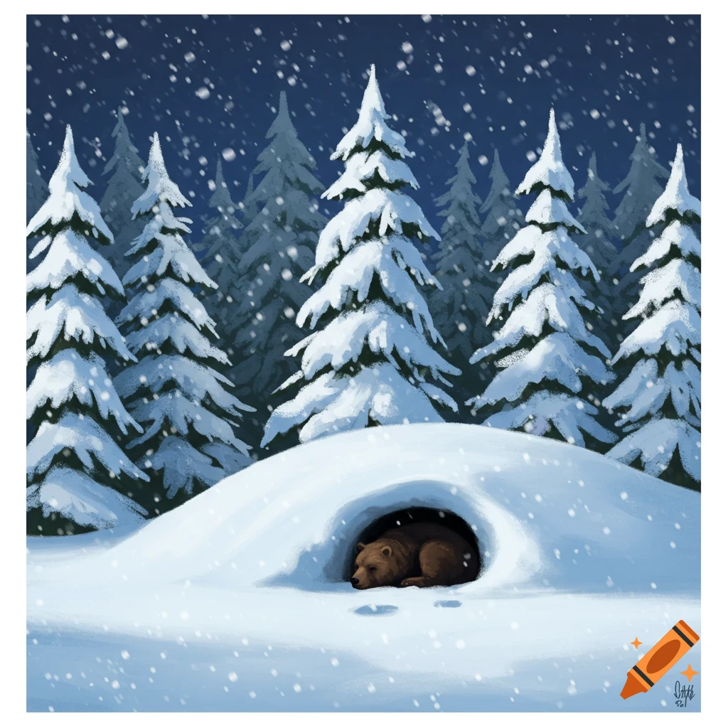 A brown bear sleeps in a snow den nestled in a snowy forest with pine trees, as snow falls.