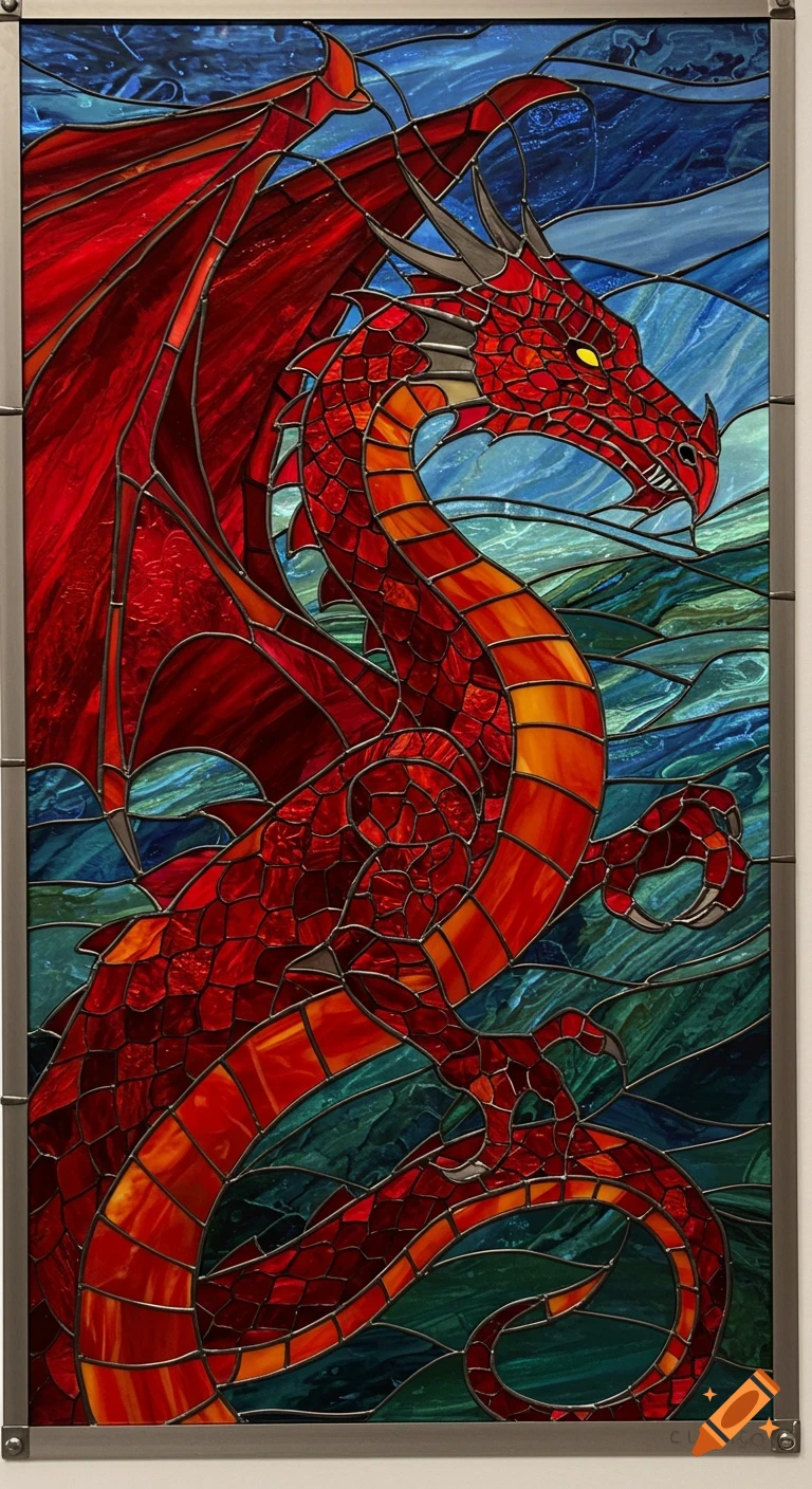 A fierce red Western dragon in Tiffany-style stained glass, with yellow eyes, set against a background of blue and green wavy glass.