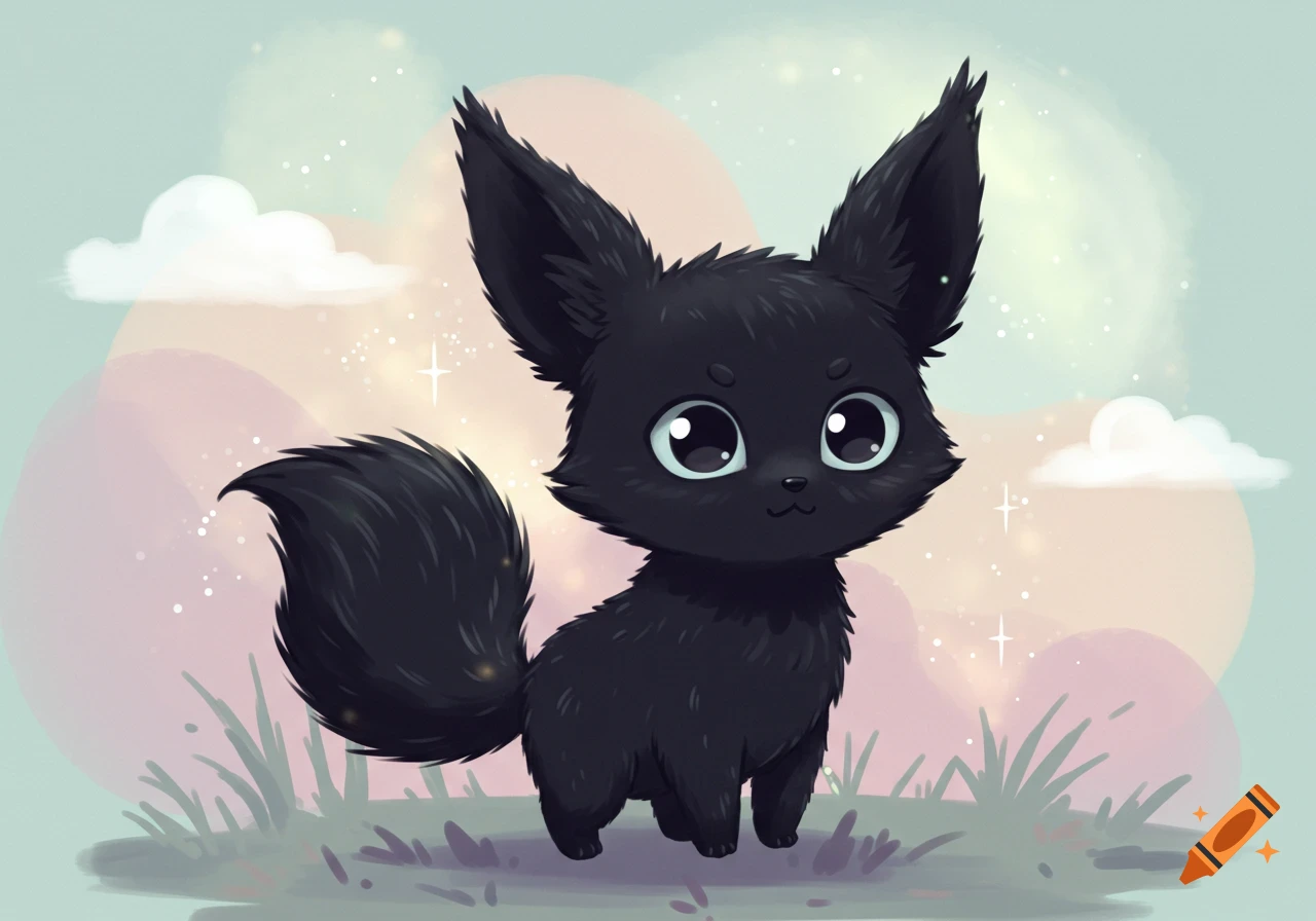 A cute, fluffy black fox-like monster with big ears and large eyes, standing in grass against a pastel sky, in cartoon style.