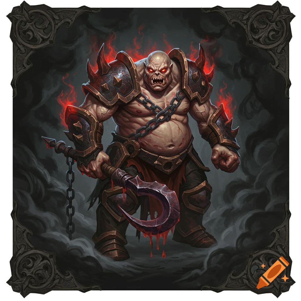 A monstrous, armored warrior with red glowing eyes, holding a bloody hooked weapon, in a dark fantasy art style.