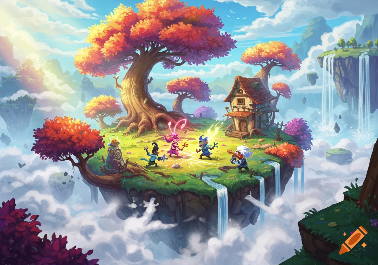 Vibrant cartoon illustration of characters battling on a floating island with colorful trees, a small house, and waterfalls, surrounded by clouds.