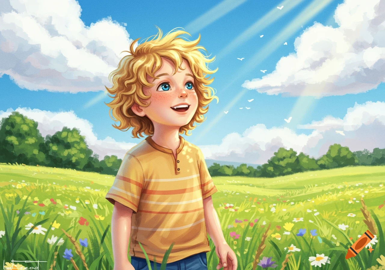 Happy blonde boy with blue eyes in a sunny field of wildflowers under a blue sky, illustration.