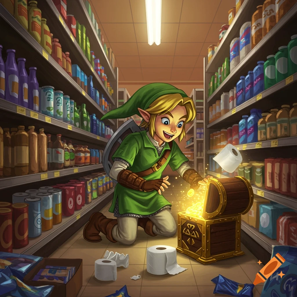 Link from Zelda kneels in a supermarket aisle, joyfully finding toilet paper in a glowing treasure chest, surrounded by groceries.