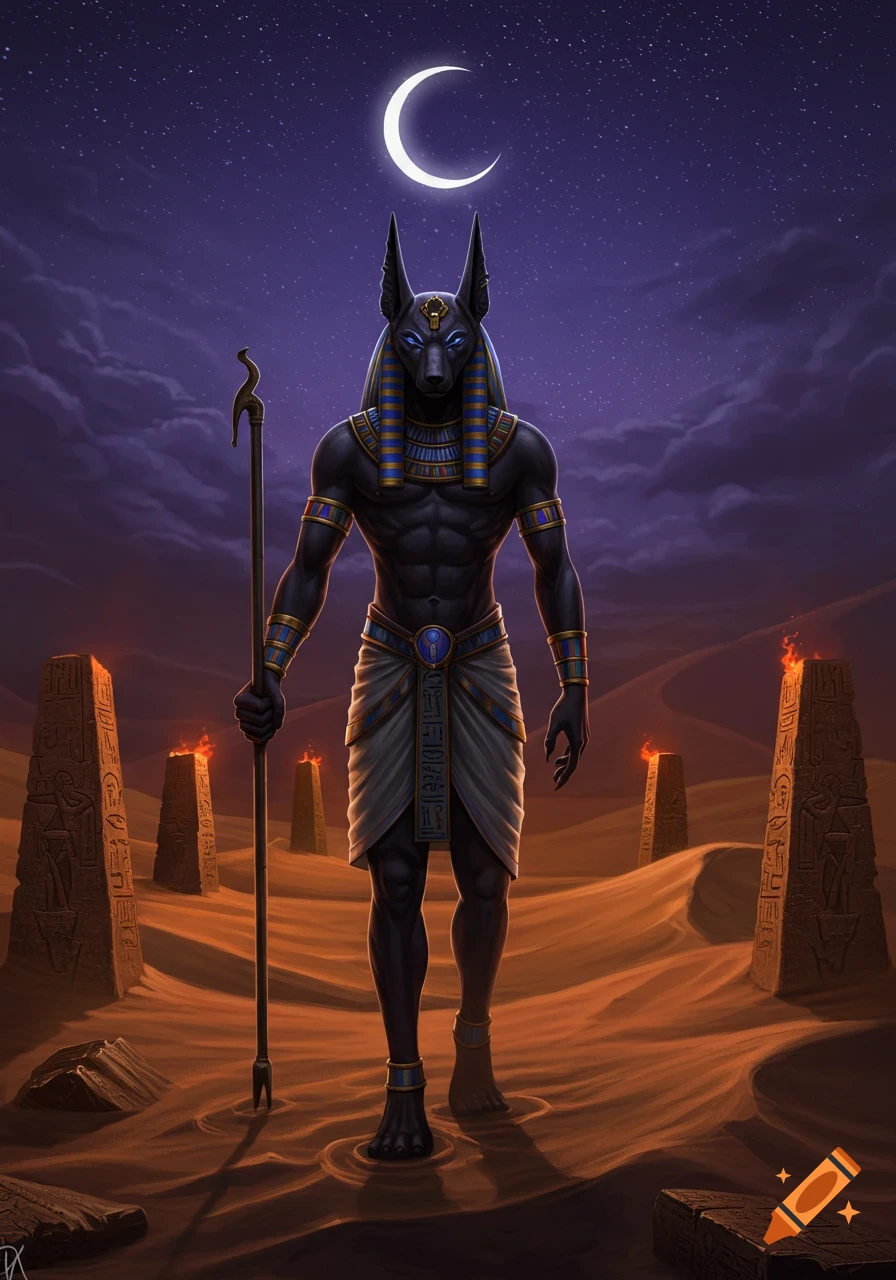 Anubis, the jackal-headed Egyptian god, walks through a moonlit desert holding a staff, past flaming hieroglyphic obelisks.