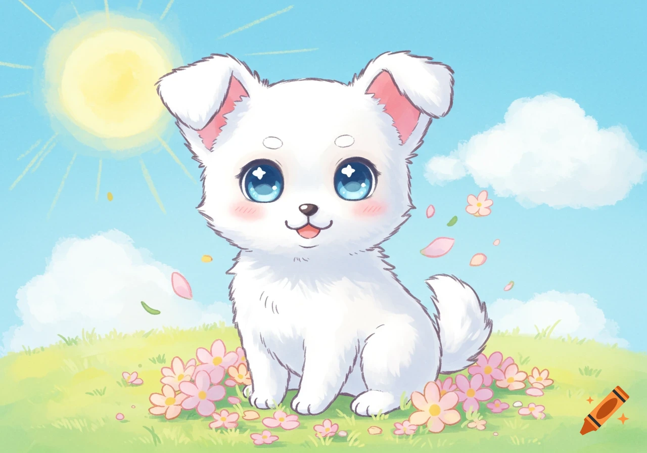 A cute white chibi cartoon dog with big blue eyes sits in a field of pink and yellow flowers under a sunny blue sky.
