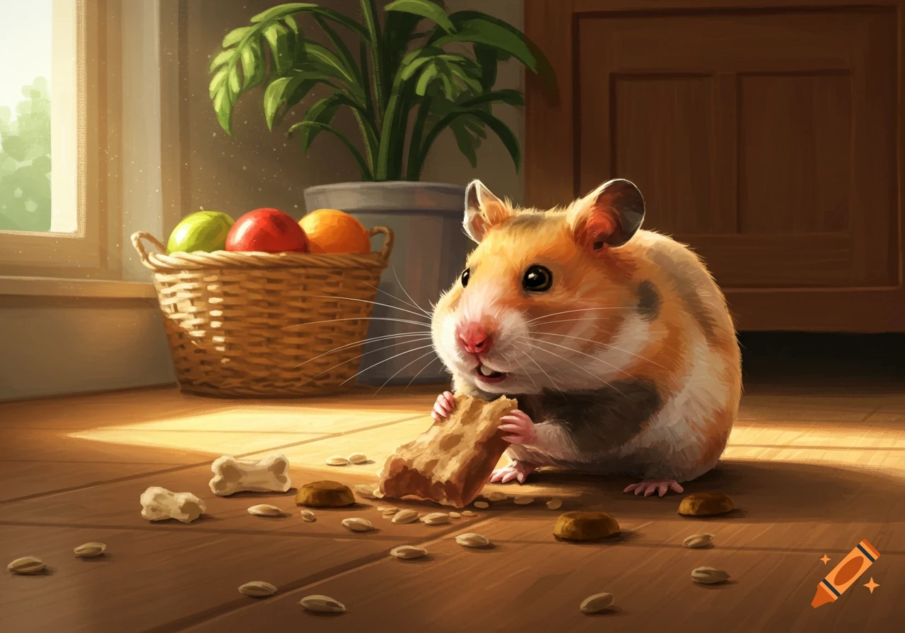 A fluffy, orange-and-white hamster gnaws on a biscuit on a sunlit wooden floor, surrounded by seeds and bones, with a fruit basket and green plant in the background in an illustrative style.