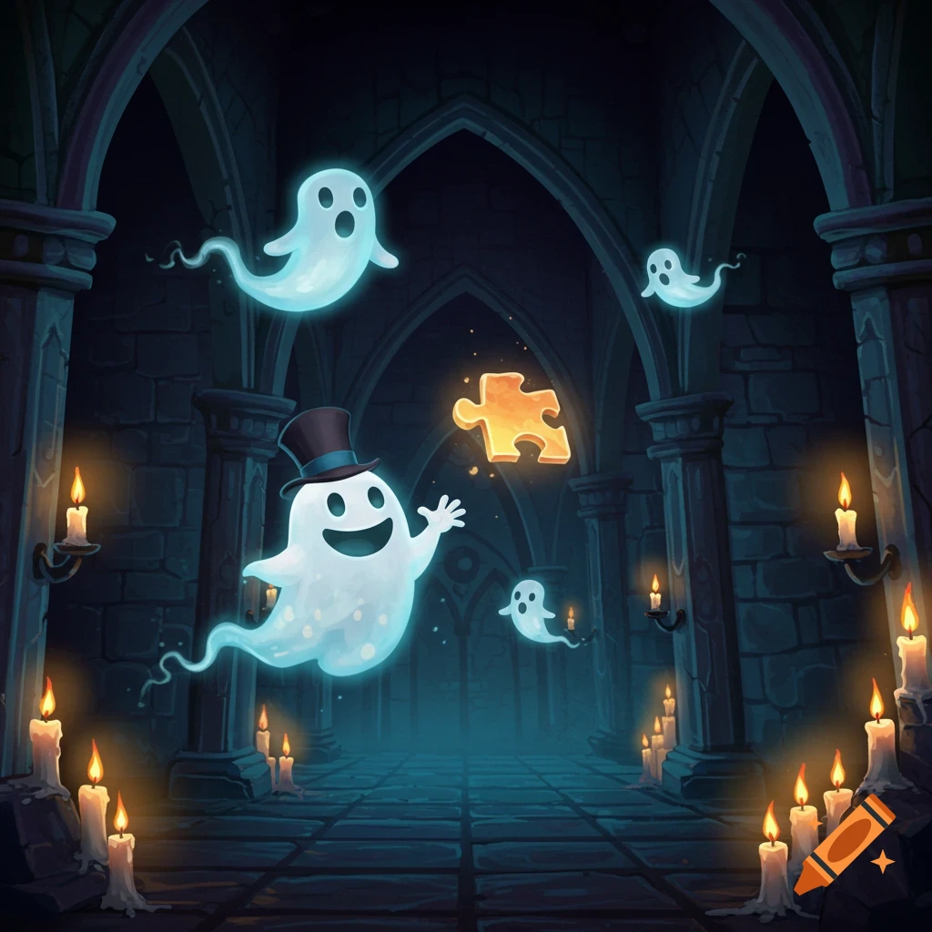 Multiple cute, glowing white ghosts in a dark gothic castle hallway with lit candles. One ghost wears a top hat and holds a golden puzzle piece.