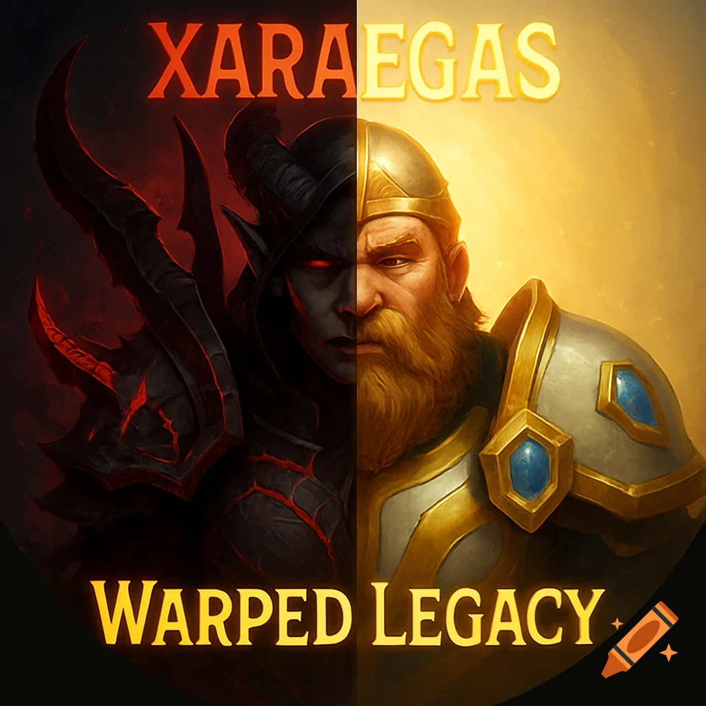 Split fantasy portrait of a dark-skinned female demonic warrior with horns and red eyes on the left, and a bearded dwarf paladin in golden armor on the right. Text reads "XARAEGAS" and "WARPED LEGACY".