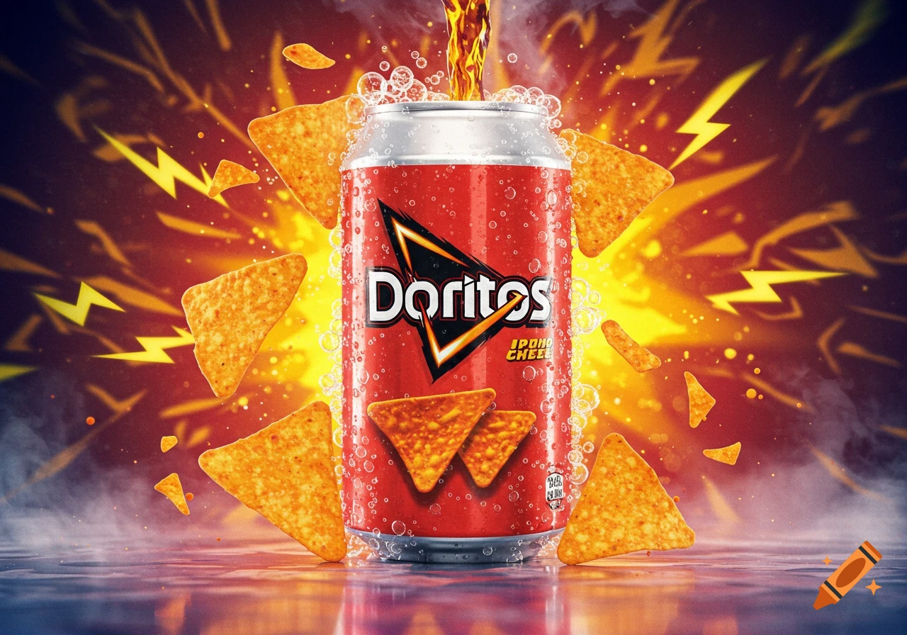 A vibrant image featuring a red soda can with a Doritos logo, labeled "JPOHO CHEEZ", being filled with a dark liquid. Several Doritos tortilla chips float around the can amidst orange sparks and bubbles, set against a dark, energetic background with lightning bolts and a reflective surface.