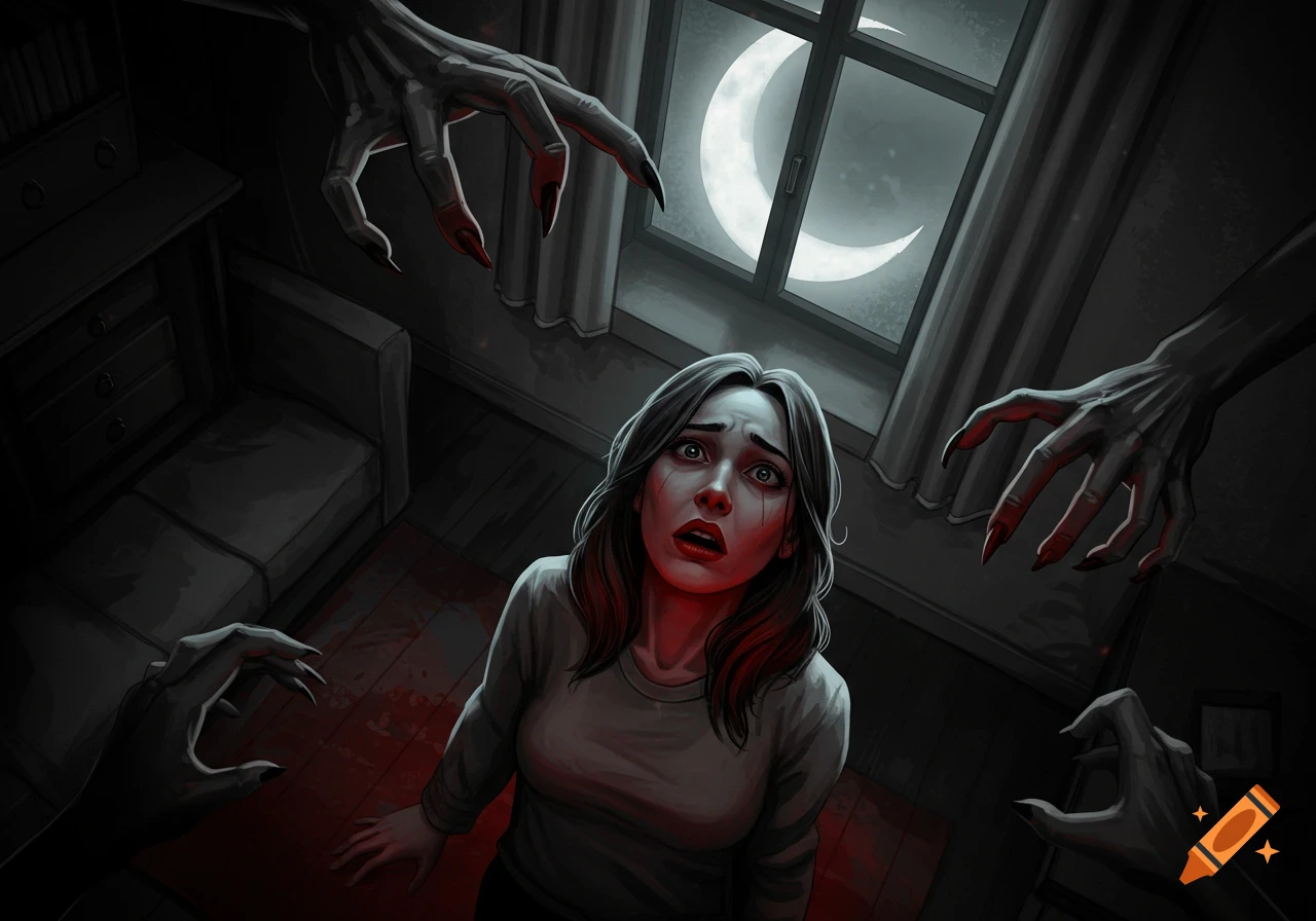 A terrified woman looks up at monstrous hands in a dark room with a crescent moon outside and blood on the floor, illustration.