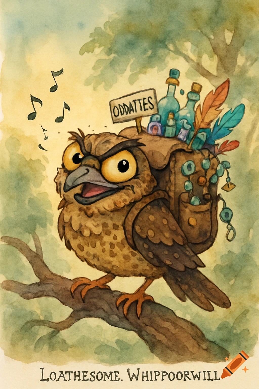 A whimsical watercolor illustration of a cartoon whippoorwill with a shopkeeper backpack filled with potions and feathers, singing on a tree branch. Text reads "Loathesome. Whippoorwill".