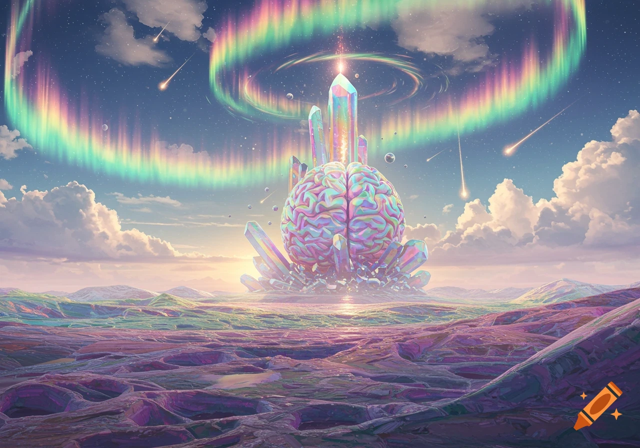 A vibrant, surreal landscape features a large, colorful brain surrounded by glowing crystals beneath an aurora-lit sky with shooting stars.