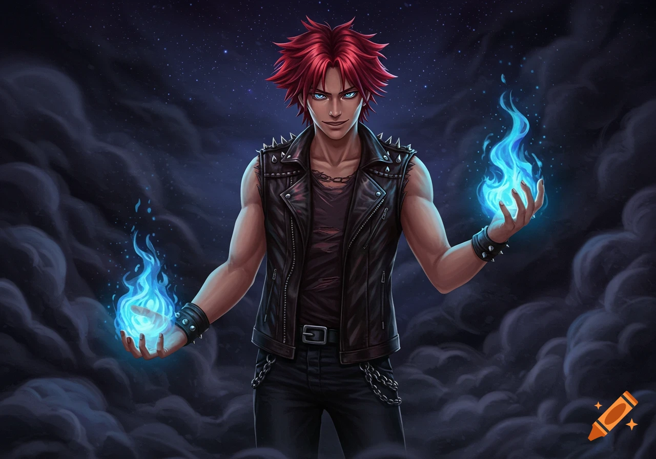 Anime style male character with red spiky hair, blue eyes, and a leather vest, holding blue flames in both hands against a dark, starry, cloudy sky.