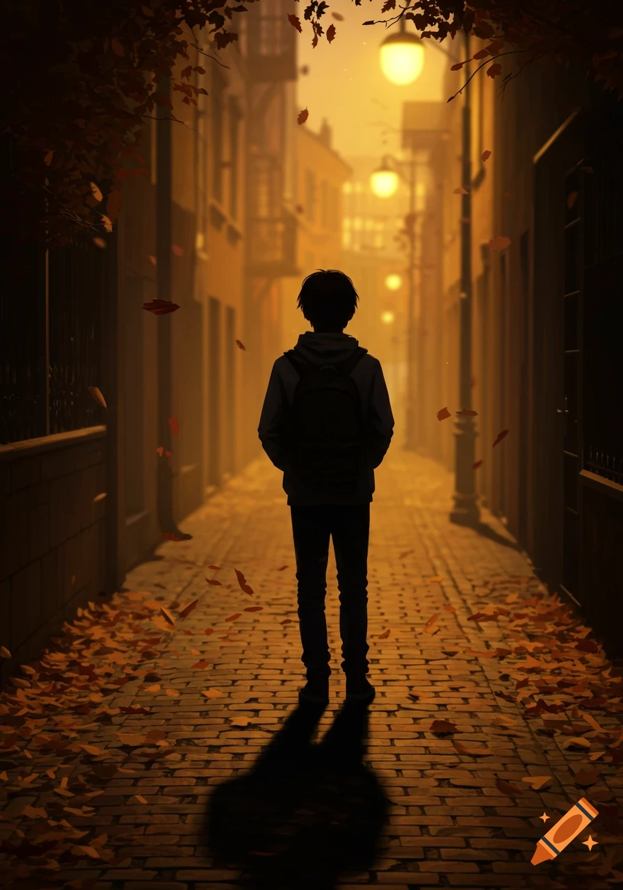 A lone figure with a backpack walks down an autumn-leaf-strewn alleyway at dusk, illuminated by glowing streetlights in an anime style.