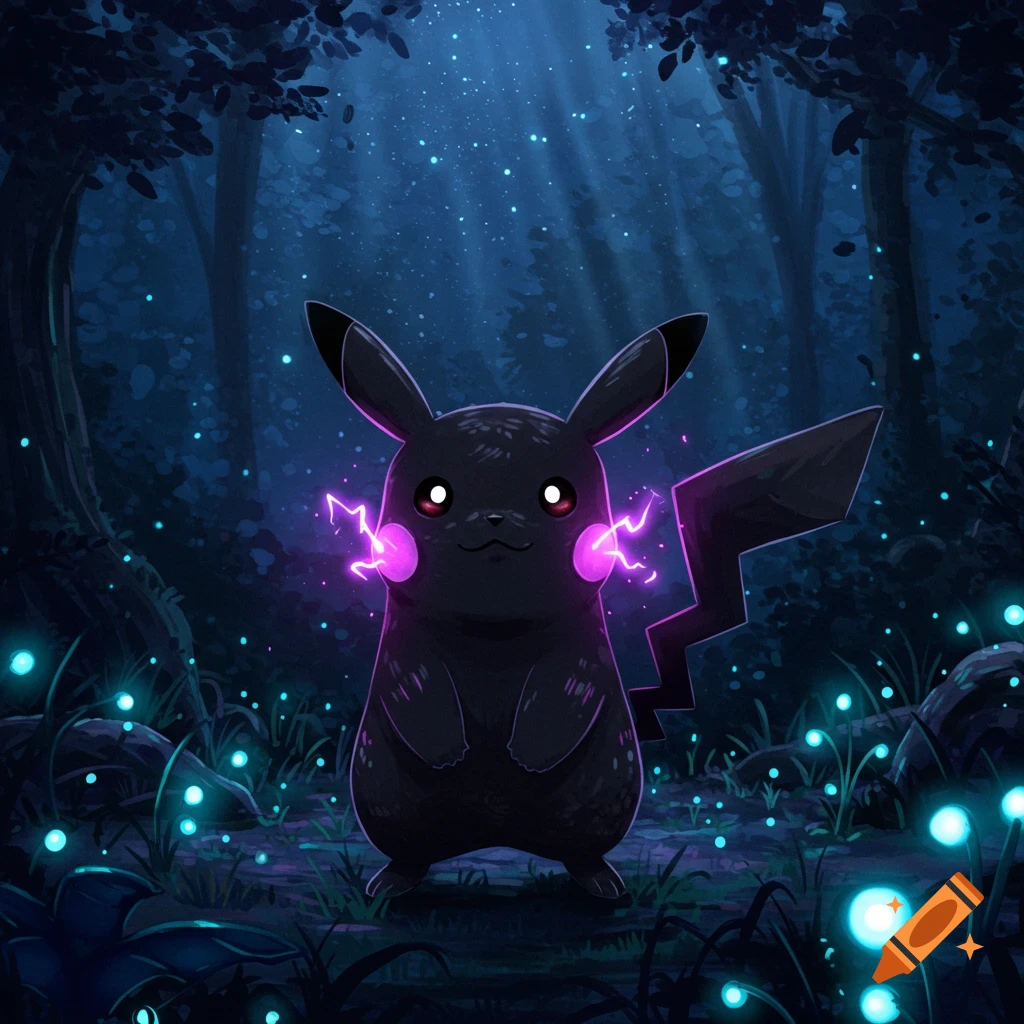 A black Pikachu with glowing purple cheeks and red eyes stands in a dark, magical forest with glowing blue plants.