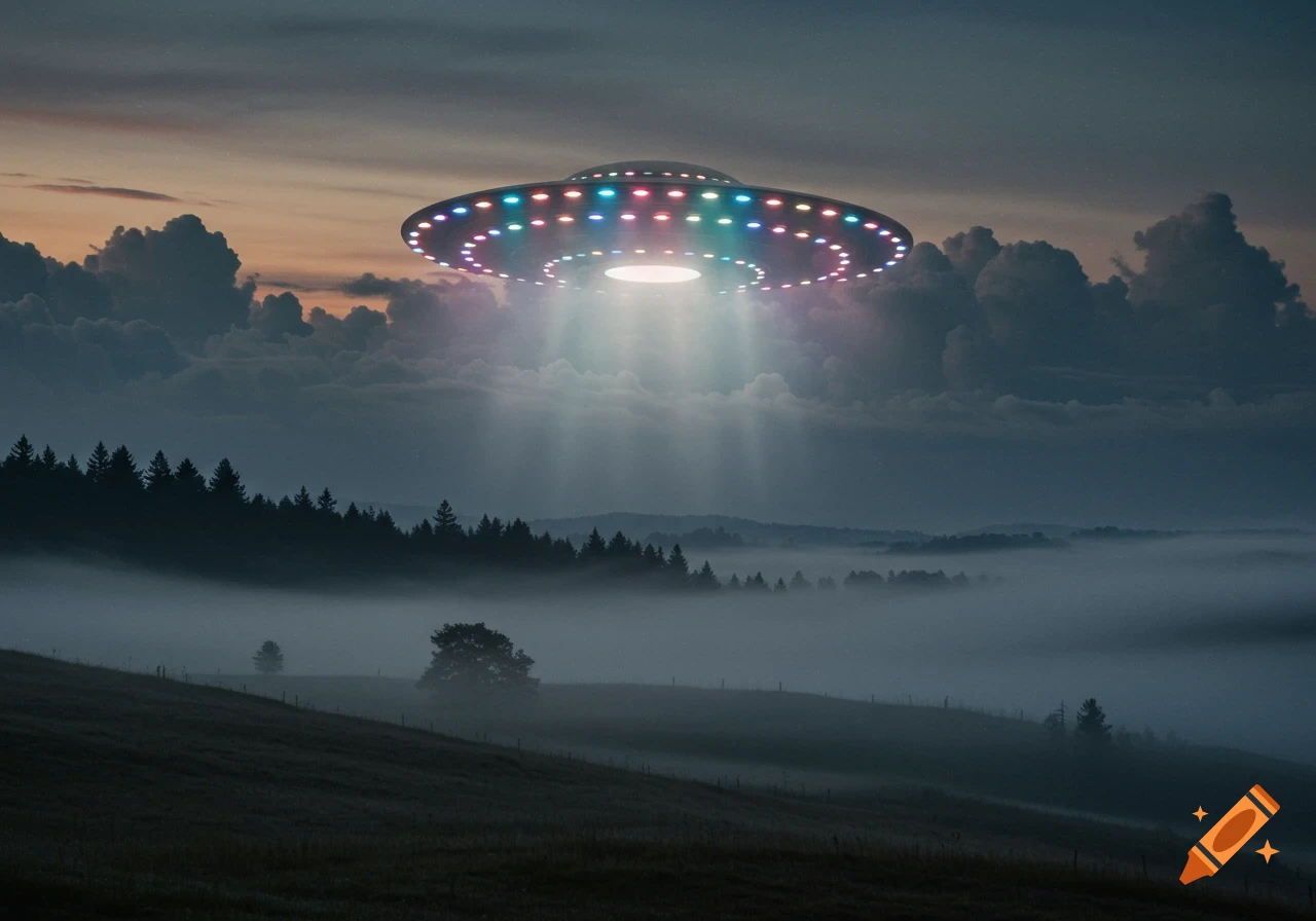 A colorful UFO hovers with a beam of light over a misty, forested hillside at twilight.