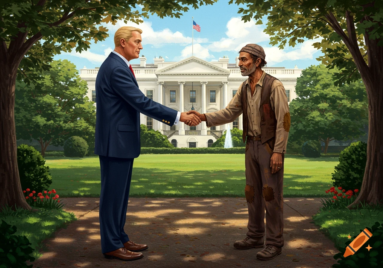 An illustration of a suited man resembling Donald Trump shaking hands with a scruffy man in front of the White House.