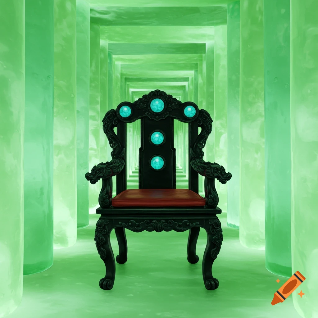 An ornate black chair with carved dragons, a red cushion, and five turquoise cabochons, sits in a hallway made of pale green glowing panels.