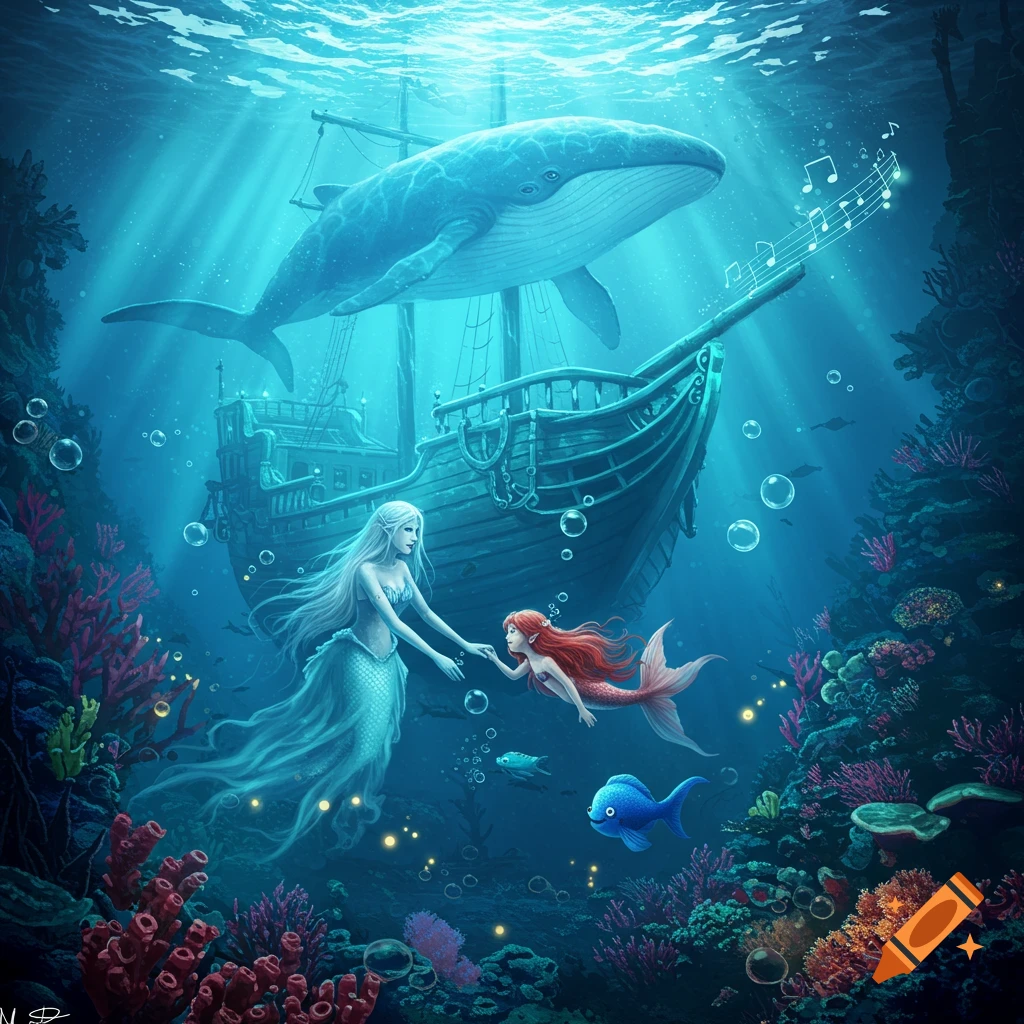 An enchanting underwater fantasy art piece shows a silver-haired mermaid reaching for a red-haired mermaid, with a whale singing over a shipwreck.