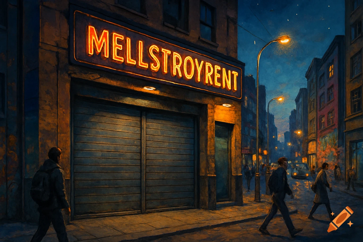 A vibrant, painterly night scene of a city street with a glowing 'MELLSTROYRENT' neon sign on a garage building and pedestrians.