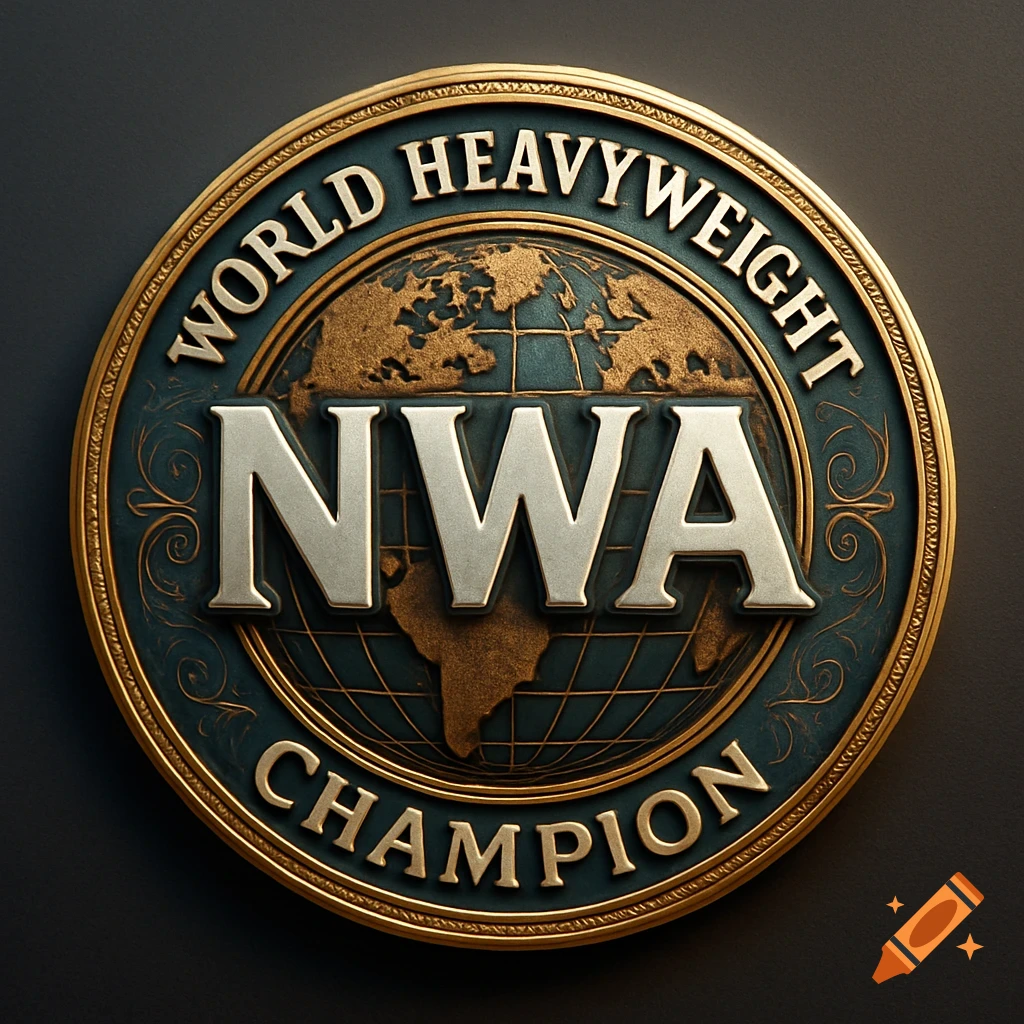 A detailed gold and teal medallion with a globe, featuring 'WORLD HEAVYWEIGHT', 'NWA', and 'CHAMPION' text.