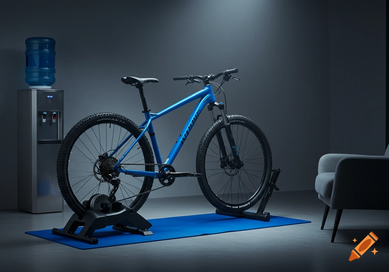 A blue mountain bike on a black stationary trainer rests on a blue mat in a room with a water cooler and a gray armchair.