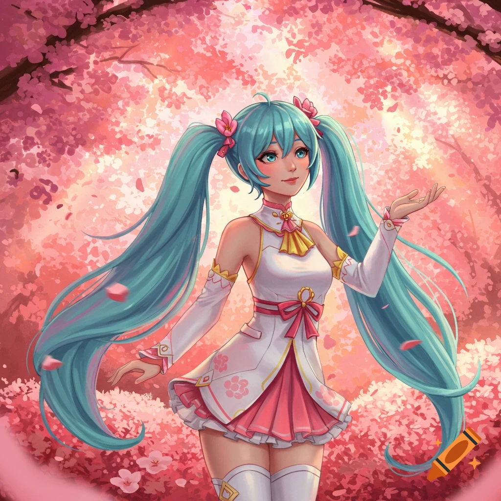 An anime girl with long turquoise pigtails, wearing a white and pink dress, stands among pink cherry blossoms.