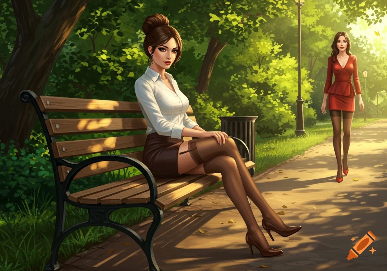 A woman in a white blouse, brown miniskirt, and thigh-high stockings sits on a park bench as another woman in a red dress walks on a sunny path.