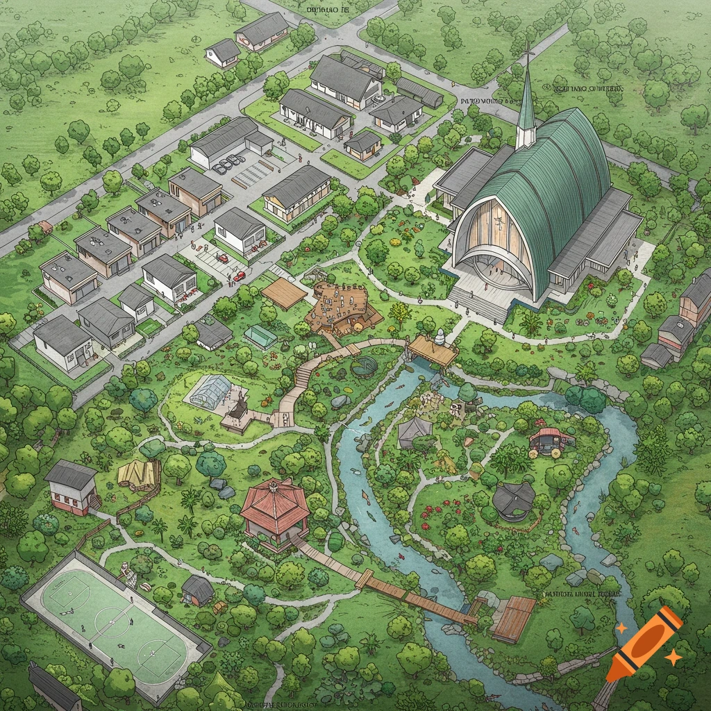 Isometric aerial illustration of a large training institute complex with a contemporary church, residential area, landscaped gardens, stream, and sports field.