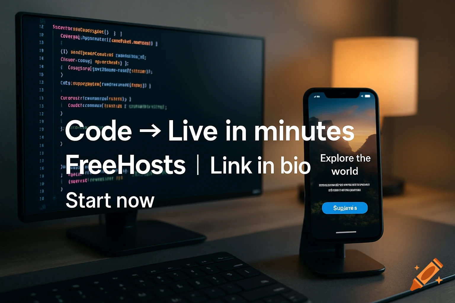 A monitor displaying code next to a smartphone showing a mobile app preview, with overlaid text about